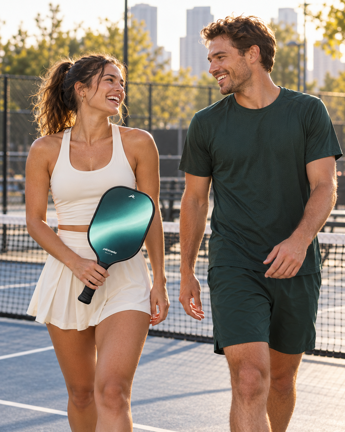 AI-created campaign scene of fictional adult friends meeting on a pickleball court with a glacier-teal Pikimelo RALLY paddle